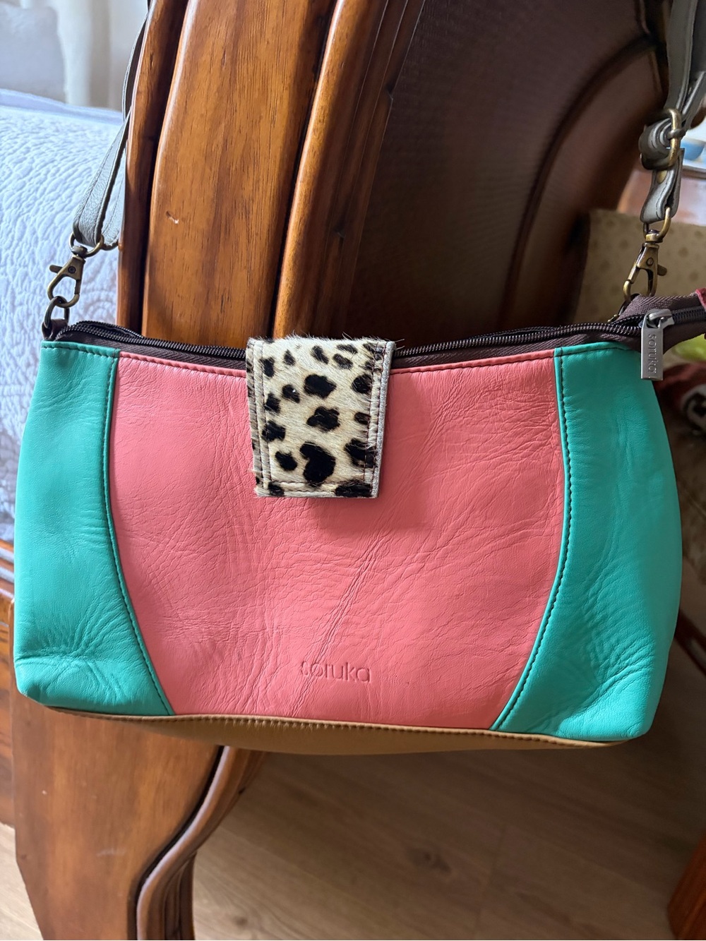 Soruka Pink & Teal Colorblock Leather Crossbody with Leopard Accent